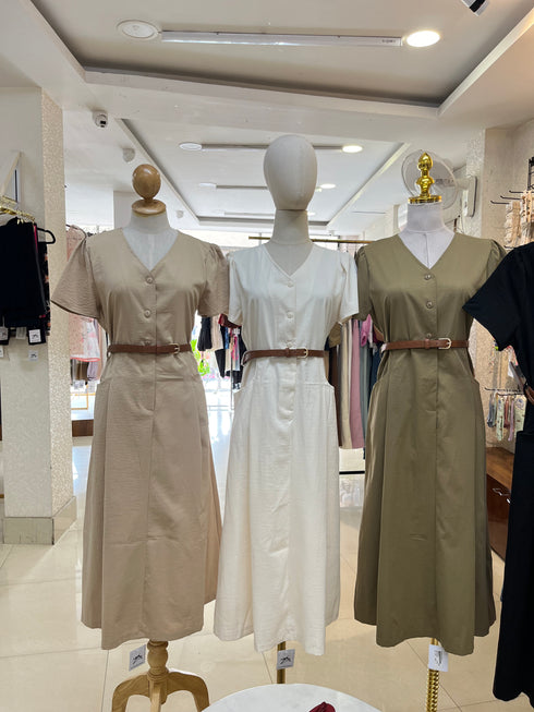 V-neck Short Sleeves Button Down Belted Dress With Pocket